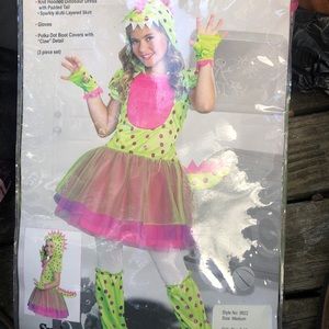 DAINTY DINOSAUR WITH CLAWS AND HEAD PIECE , pink and green girls 8-10